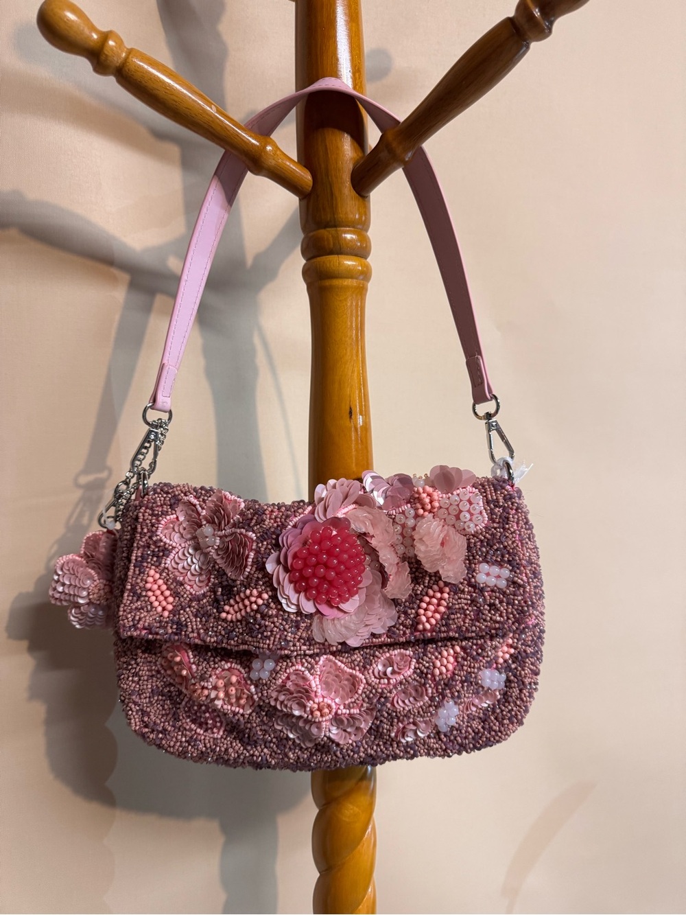 Handcrafted in India Pink Floral Beaded Shoulder Bag with Bag Charm
